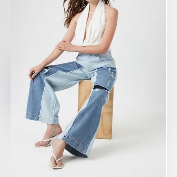 FOREVER 21 Premium Low Rise Wide Leg Distressed 100% Cotton Denim Jeans Sz 27 - Picture 1 of 10